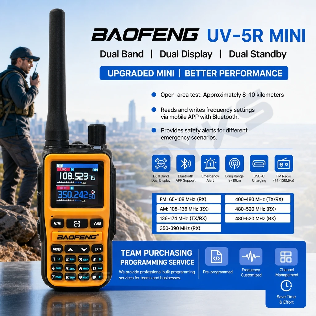 BAOFENG UV-5R MINI 5W Dual Band Radio VHF UHF Walkie Talkie 999CH DTMF VOX FM Scanner Bluetooth APP Programming USB-C