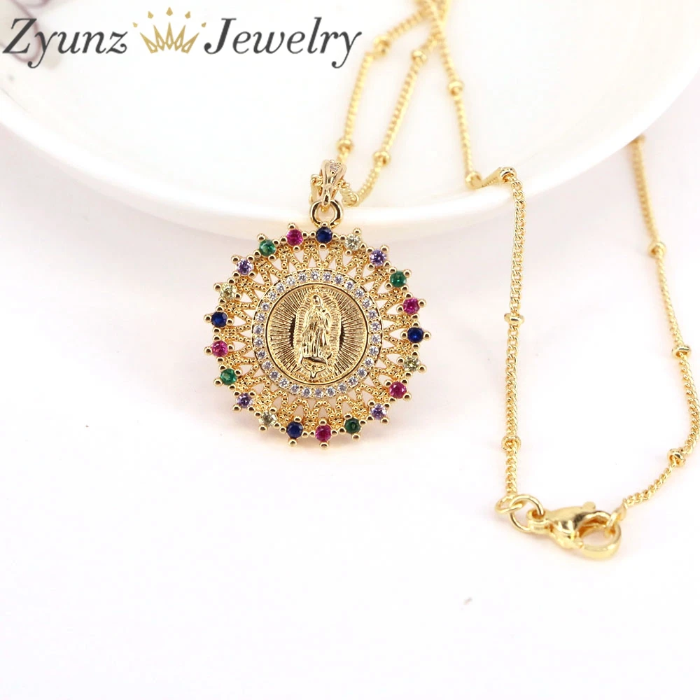 

5PCS, Rainbow Cubic Zircon Virgin Mary Pendant Necklace Chain Gold Color Women Christian Religion Jewelry Gifts