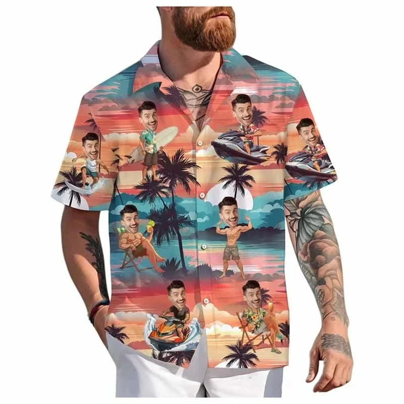 

Custom Face Hawaiian Shirt Unisex Funny Personalized 3D Printed Button Shirts 2025 Beach Short Sleeves Lapel Shirts DIY Blouses