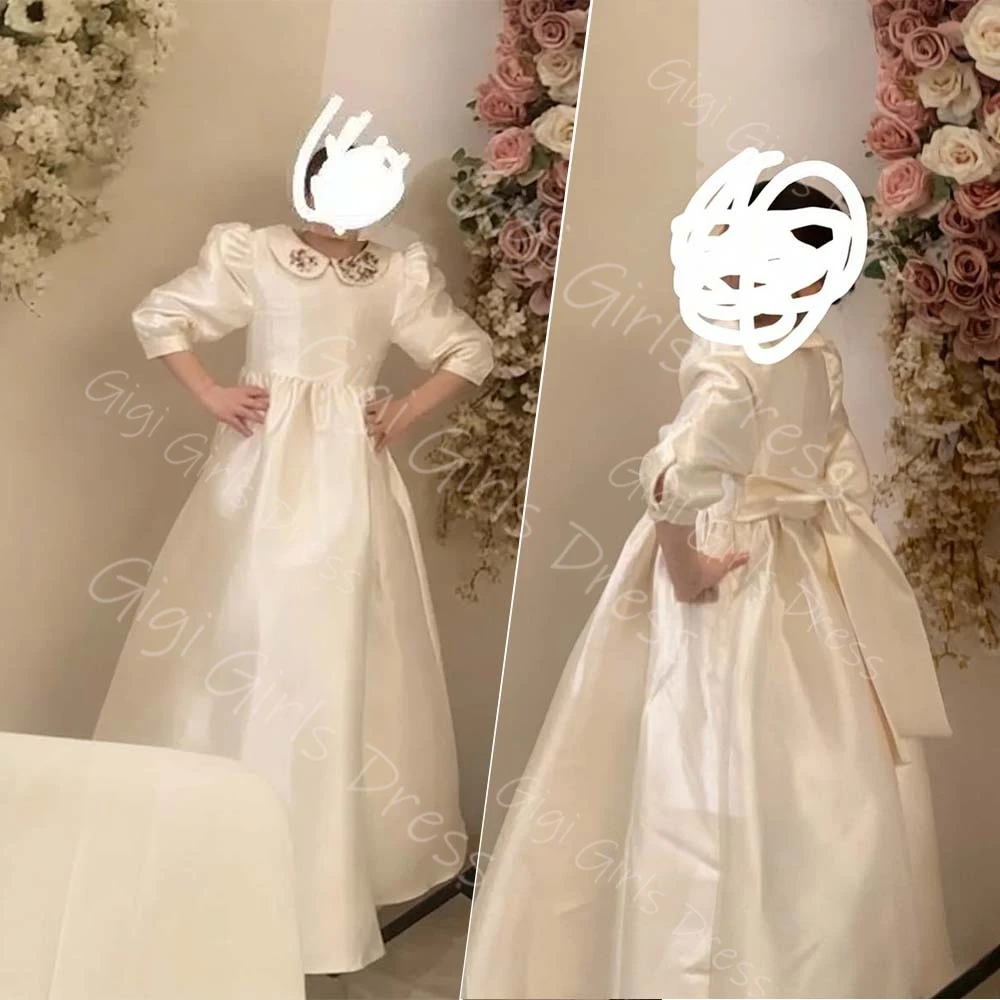 

Customized Satin Flower Girl Dress for Wedding Kids Bean Neck 3/4 Sleeves First Communion Dress with Bow Floor-Length Party Gown