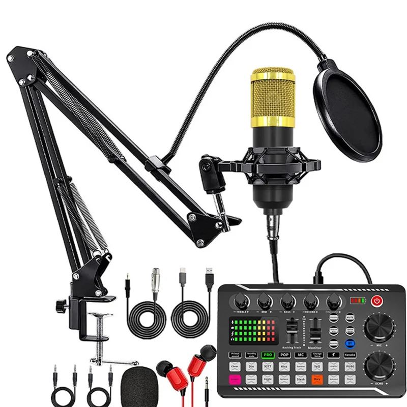 【Superdeals】F998 كارت الصوت ومجموعة ميكروفون BM800 Mic Sound Mixer كارت الصوت خلط الصوت وحدة التحكم مكبر للصوت للغناء PC Ph