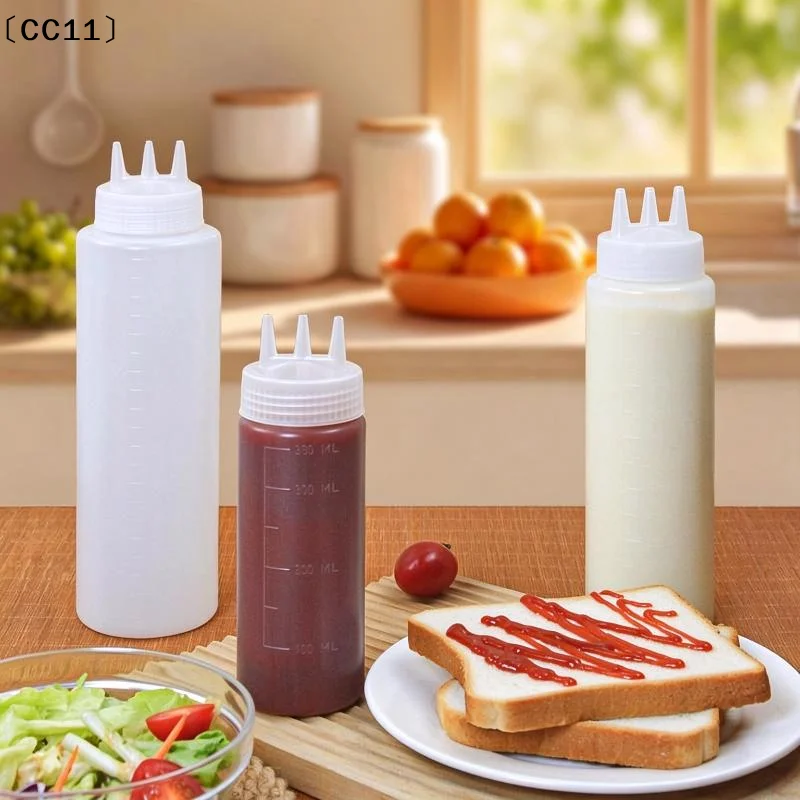 3 Hole Squeeze Condiment Bottles BPA Free Food Grade Plastic Clear Measurement Marks For Kitchen Salad Dressing Dispensing〔CC11〕