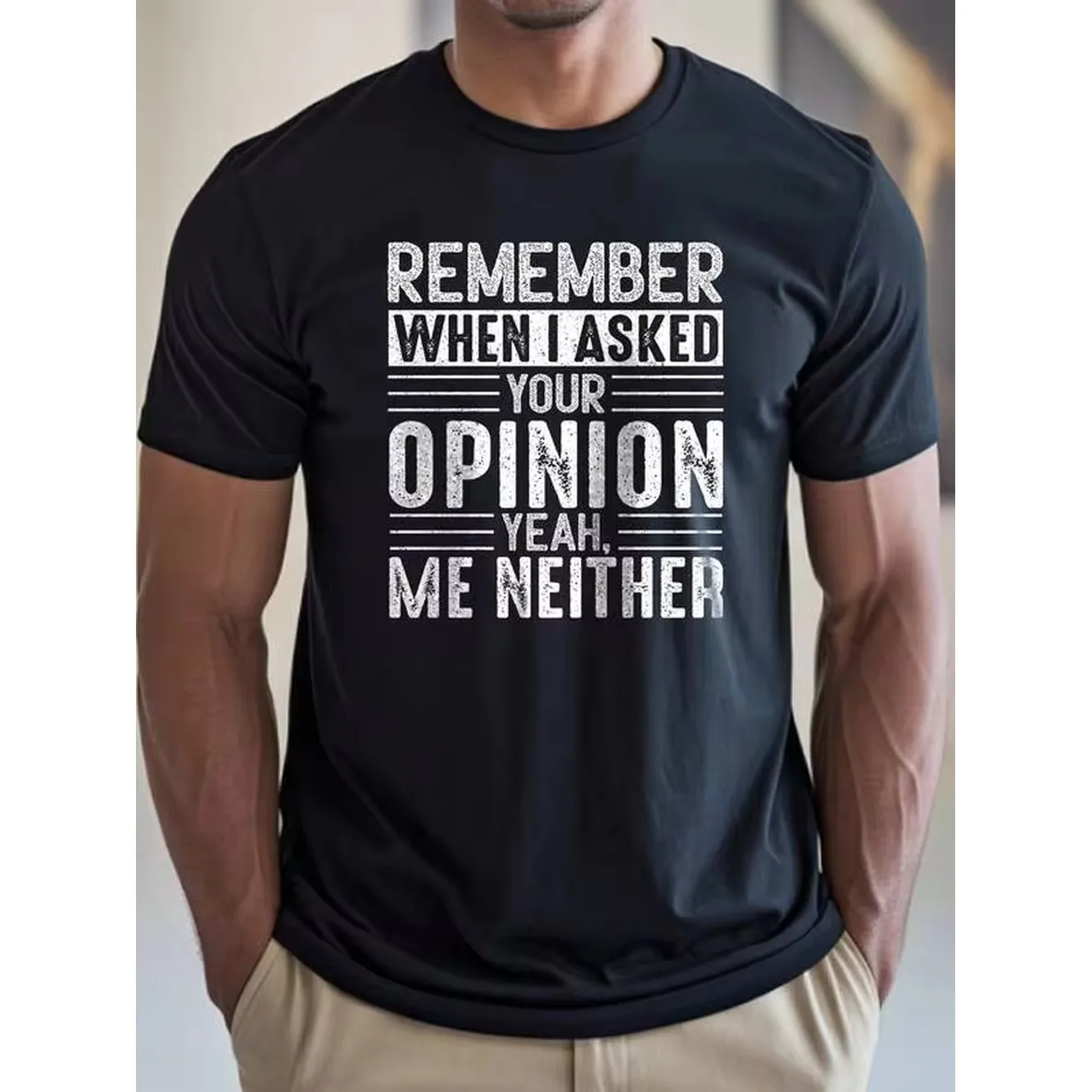 1pc Man' Rember Asked Opinion Print Black TShirt Crew Neck Casual Cotton Tee Medium Stretch Knit Fabric Regular Fit For Boys Man Perfect For //