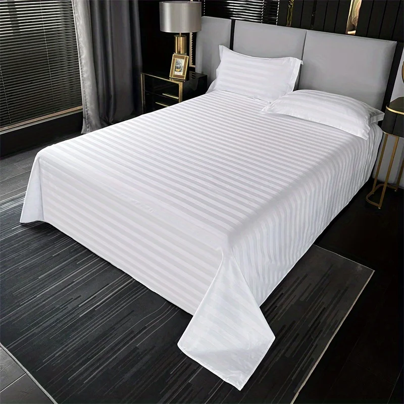 1pc Luxurious White 100%COTTON Striped Flat Sheet -  Elegant Striped Pattern Bedding  for a Cozy & Inviting Bedroom