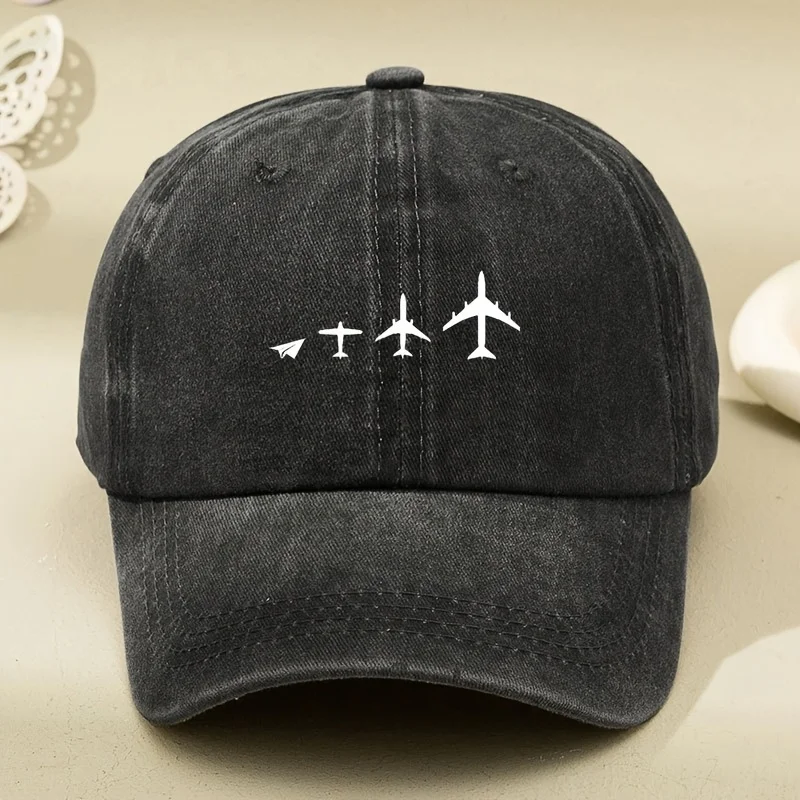 Gewaschene Baseballkappe mit Retro-Flugzeugdruck, verstellbar für Männer und Frauen, atmungsaktiver schwarzer lässiger Sonnenhut für Outdoor-Aktivitäten