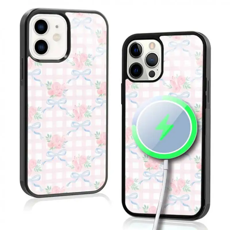 

Pink Gingham Phone Case For IPhone 11 12 13 14 15 Plus Pro Max Mirror Acrylic Cover For Magsafe Wireless Charging