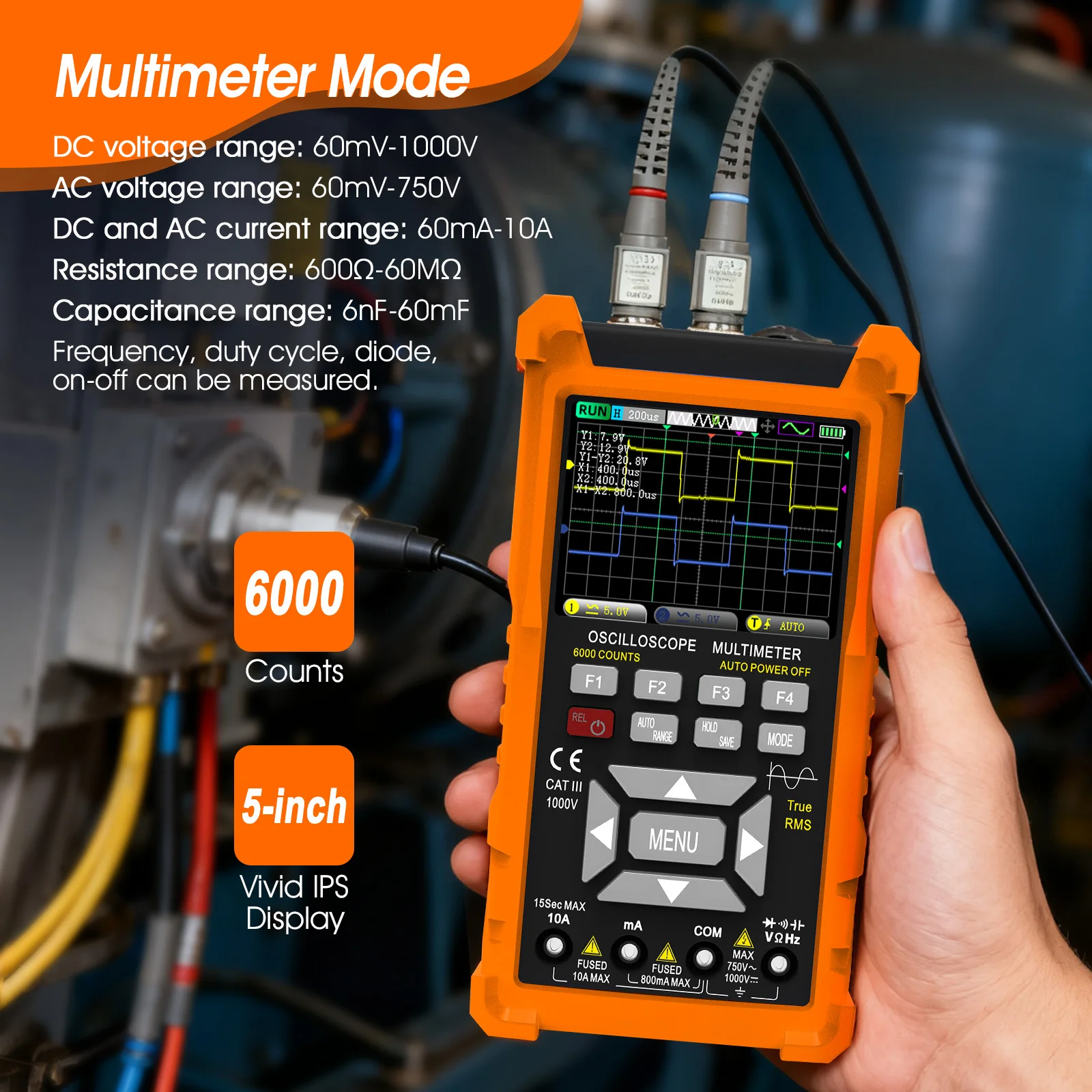 3 in 1 Oscilloscope Multimeter, Handheld Signal Generator, 50MHz Lab Oscilloscopes with 2 Channel, 200M/280MSa/s, USB C Voltage