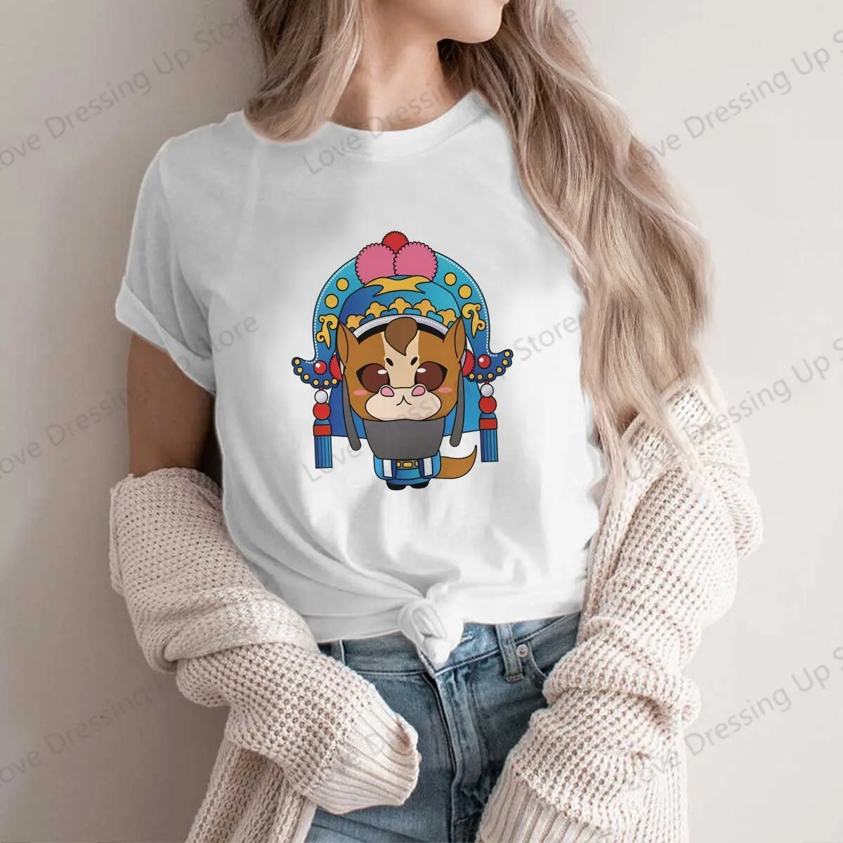 Chinese Zodiac Horse illustrated Chinese Beijing Opera Style Vintage O Neck TShirt Girl Tee Unique Summer Women's clothing