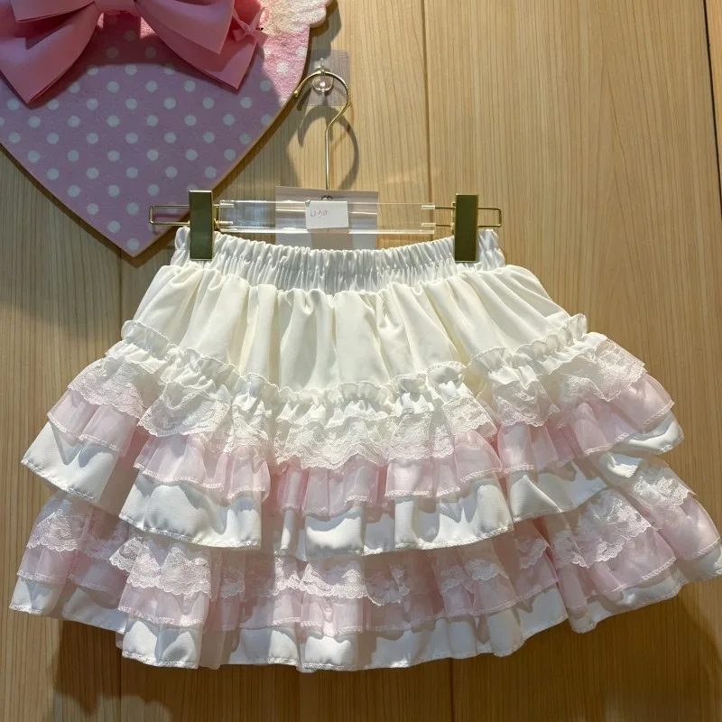 Japanese Sweet Lolita Style Lace Cake Skirts Women Y2K Kawaii Fashion Slim Mini Skirt Summer Casual High Waist A-line Skirt New