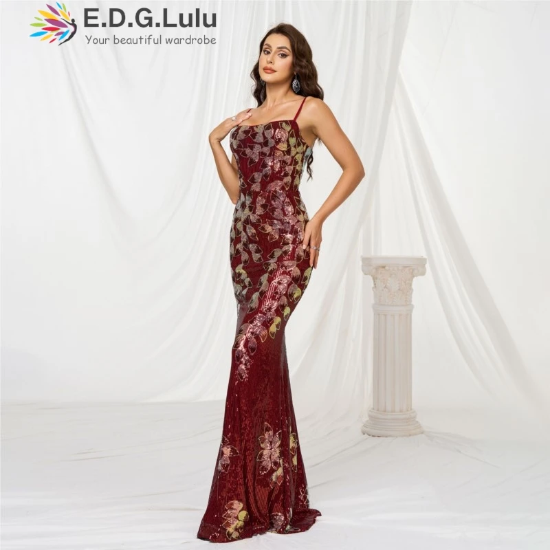 EDGLuLu Abito di lusso rosso floreale con paillettes senza maniche con colletto quadrato 2025 Abiti lunghi a sirena sexy con eleganza senza schienale 0625