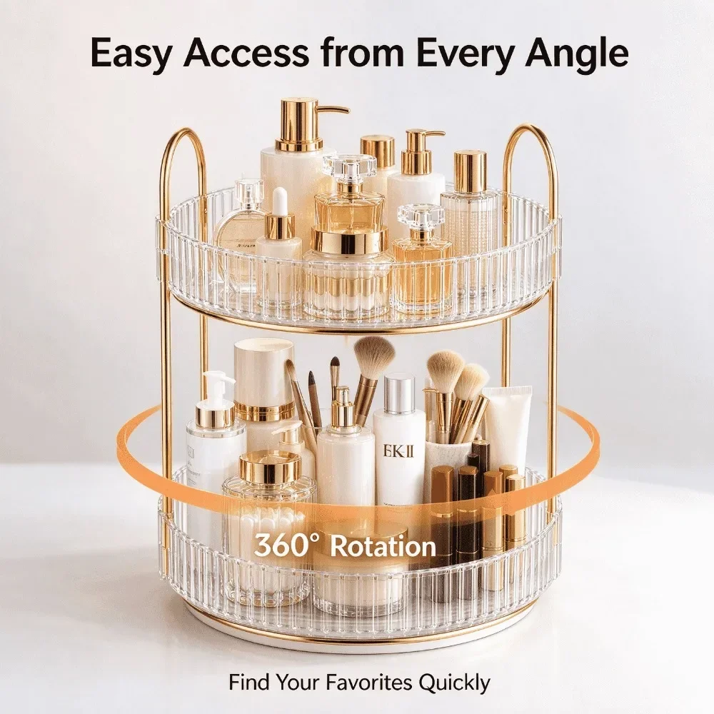 2 Tier 360 Degree Rotating Makeup Organizer Large Capacity Clear Acrylic Perfume Skincare Cosmetics Storage Rack for Vanity Countertop Bathroom Dresser,Spinning Lazy Susan Beauty Organizer Display Stand with Gold Frame,Gift for Women Girls