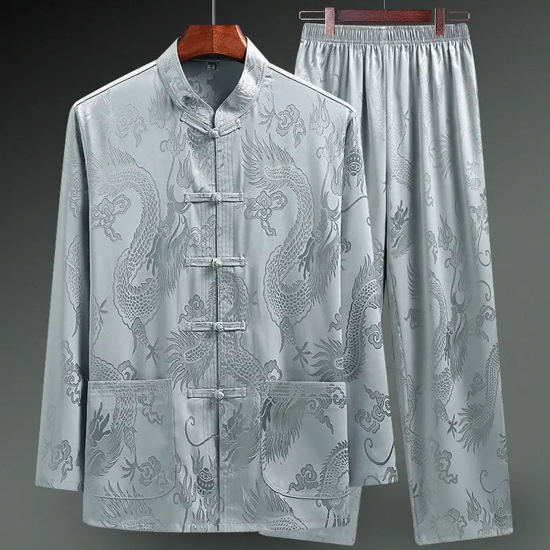 Camisa de satén de seda para hombre, traje Tang tradicional chino, Camisa lisa con estampado de dragón, camisa informal de negocios, camisas Kong Fu