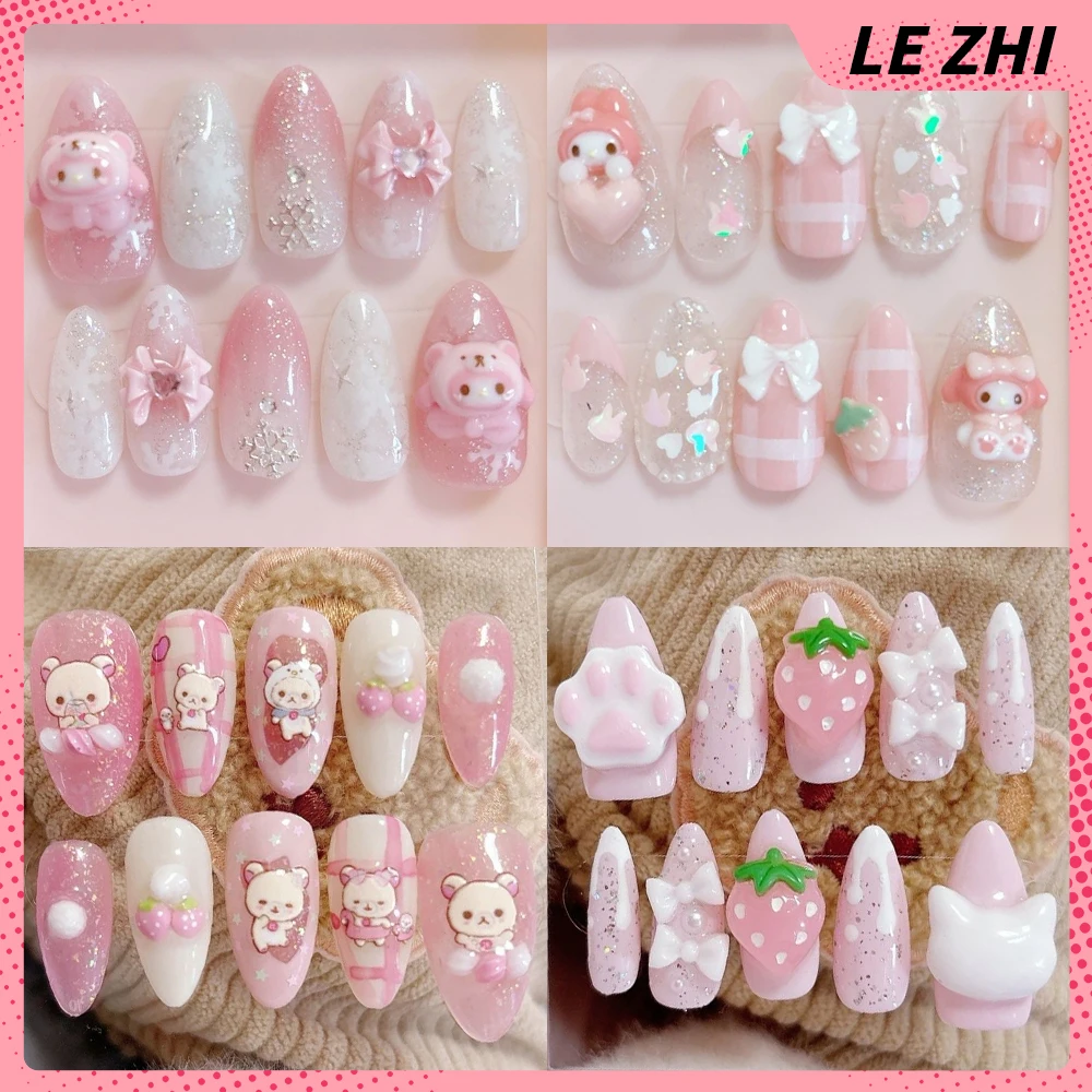 

Kawaii Pink Cartoon Handmade False Nail Cute Rilakkuma My Melody Kuromi Strawberry Cat Paw Bowknot Diamond Full Cover Nail