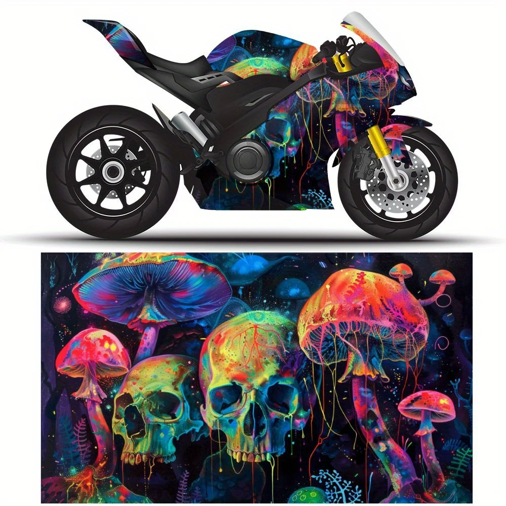 High Energy Colorful Skull Mushroom Motorcycle Full Wrap Stickers Decorative Motorcycle Race Color Change Decal Film Protect Gif