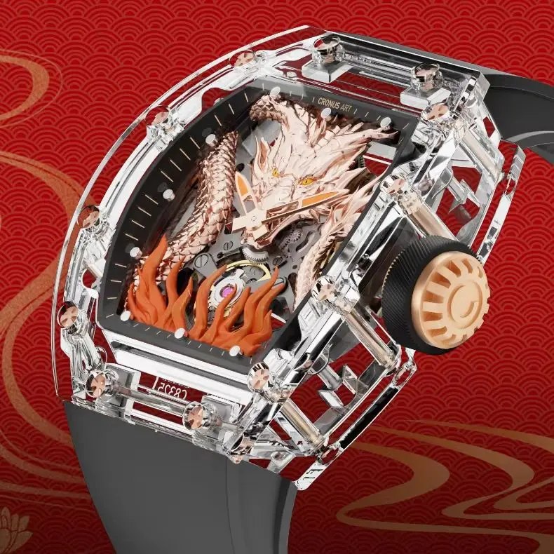 

Мужские автоматические часы CRONUSART, 50 мм, механические наручные часы Tonneau, сапфировый акриловый корпус, светящийся циферблат с изображением дракона, ремешок FKM