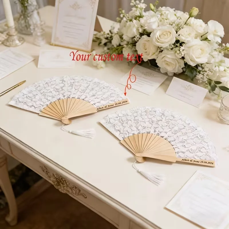 5Pcs/10Pcs/15Pcs/20Pcs Personalized Custom White Handheld Folding Fans, Suitable for Celebrations, Wedding Decorations, Wooden Frame, Lace Surface, Create Your Own Romantic Wedding, Personalized Wedding/Party Gifts, Cu