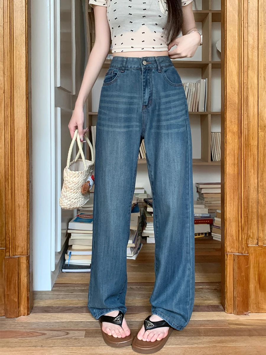 

Summer Thin Wide Leg Jeans Women's Loose Fit Draped Denim High Waist Straight Cut Floor-Length Pants Cool Sensation