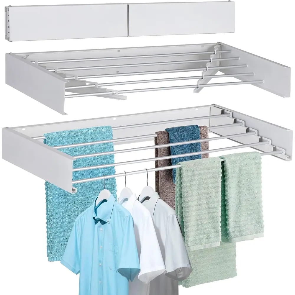 

Laundry Drying Rack Wall Mounted Clothes Drying Rack Collapsible with 5 Aluminum Rods and Drilling Template Long Screwdriver Bit