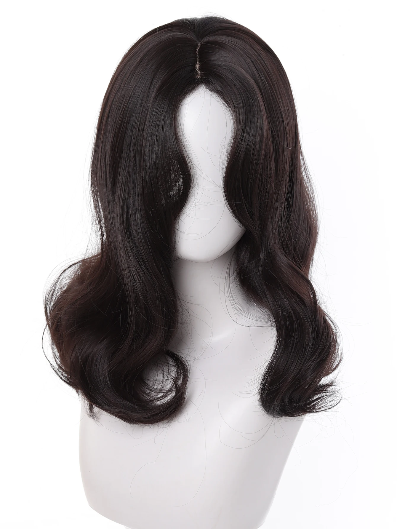 LM Korean Dark Brown Shoulder Length Wavy Bob Wig, Synthetic Layered Side Part Full Wig for Ladies Daily Casual Styling