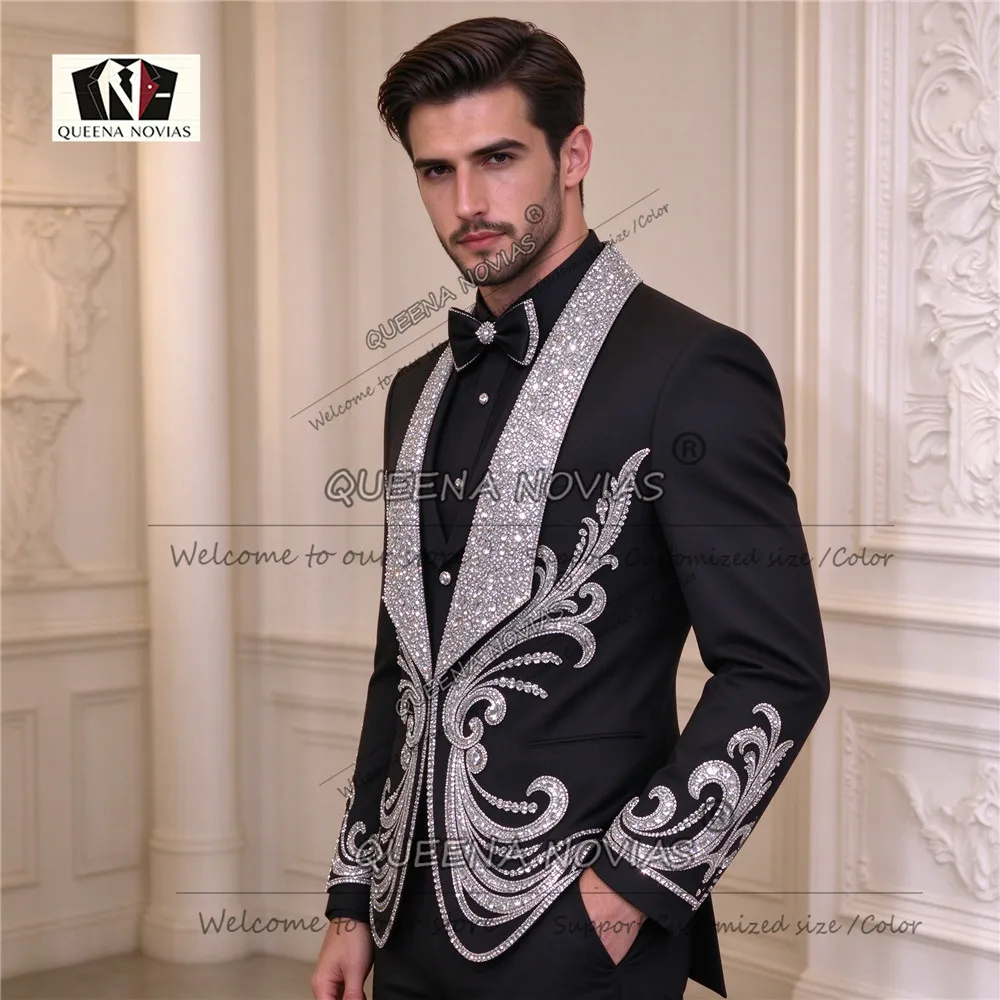 Luxury Men's Suit Set For Wedding 2 Pieces Tuxedos Attire Sequin Shawl Lapel Prom Blazer Formal Party Wear Slim Fit Customzied