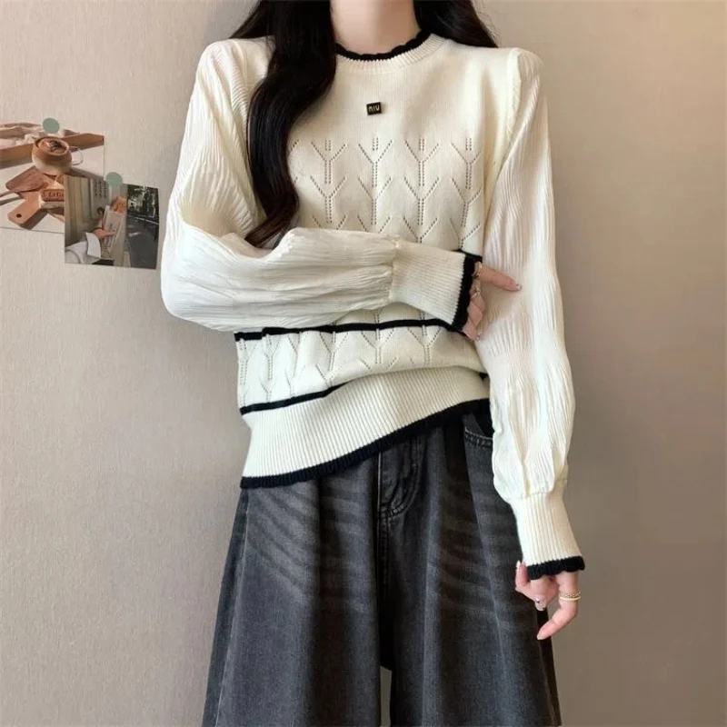 Women\'s 2024 Spring New Spliced Knitted Contrast Color Round Neck Fashion Solid Color Loose Casual Long Sleeve Versatile Top