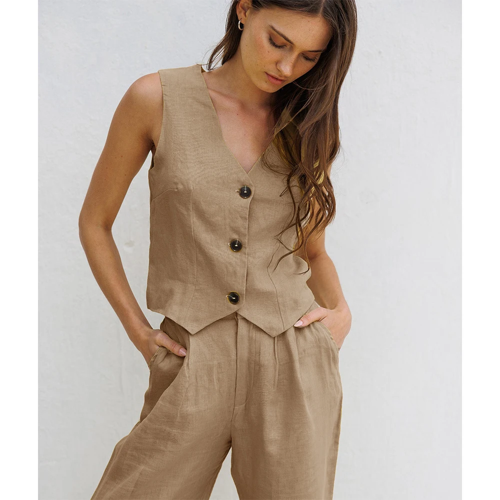 

Linen Women's Pantsuit Single Breasted New 2 Piece Set for Women Casual Summer Trouser Suit V Neck Waistcoat Sets Female Vest