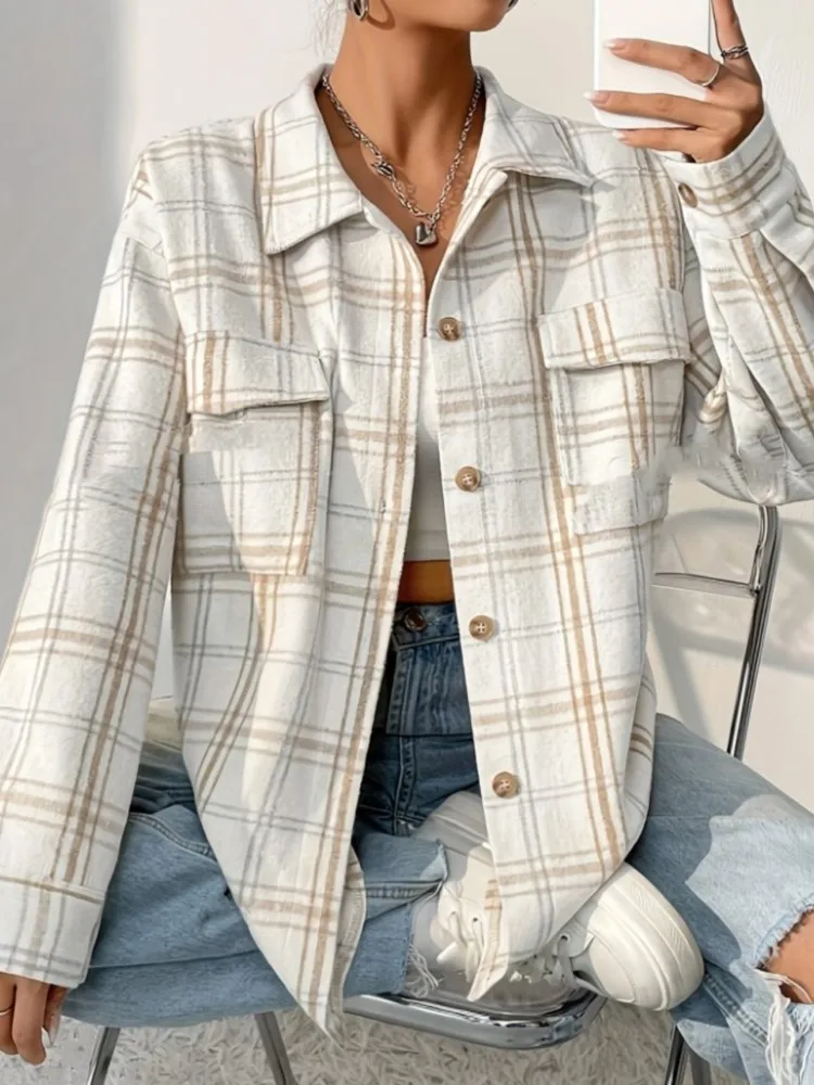 Casual Plaid Jacket Coat Lady Fashion Long Sleeve Turn-down Collar Button Shirt Coats Tops For Women Streetwear Women's Clothing