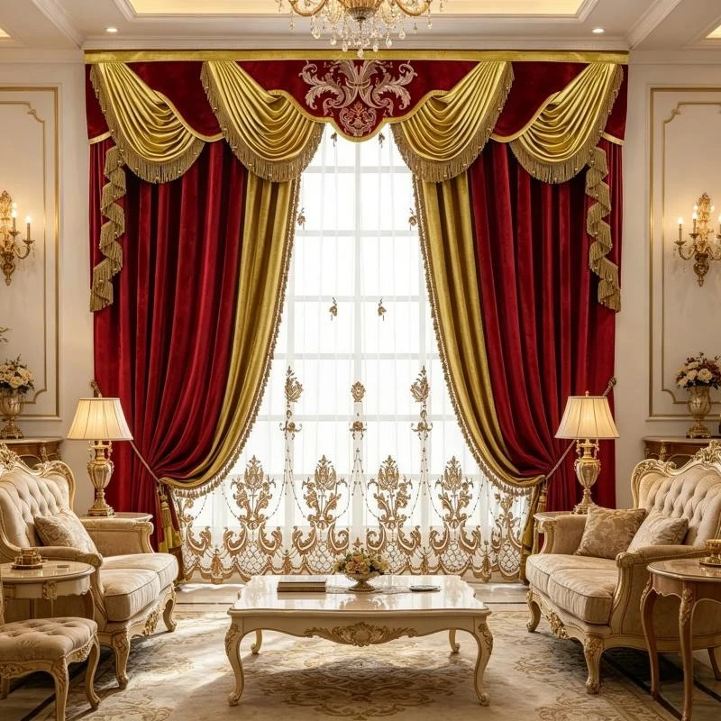 

American French Luxury Velvet Curtains for Living Room Bedroom Embroidery Red High-end European Palace Sunshade Color Matching