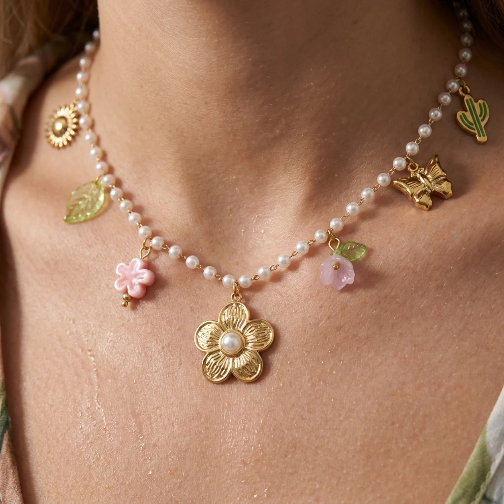 

Stainless Steel Sweet Flower Pendant Necklace for Women Cute Romantic Leaf Pearl Clavicle Chain Summer Holiday Style Accessories