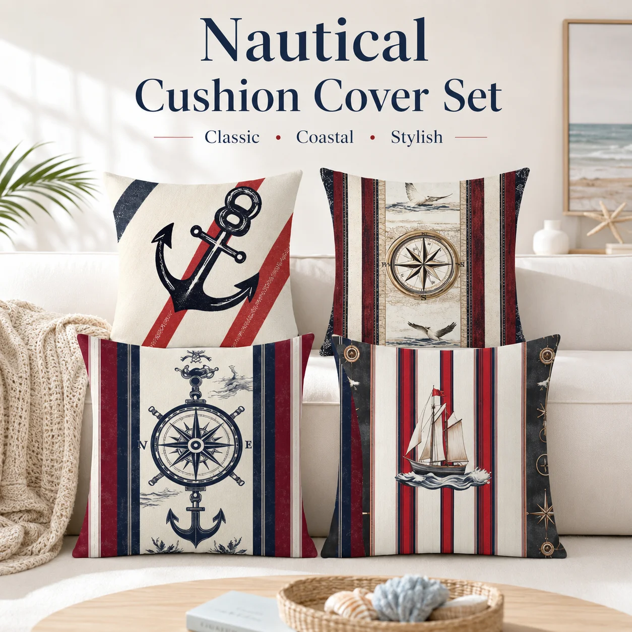 4Pcs Nautical Anchor Cushion Covers 2D Flat Printed Peach Skin Coastal Room Decor Coussin Sailboat Sofa Throw Pillowcases Set