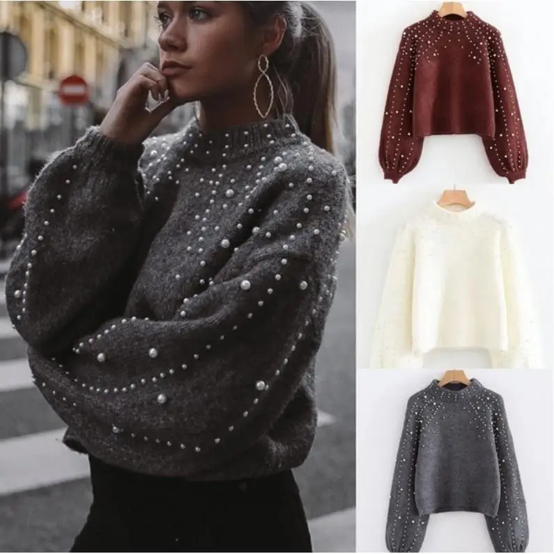 Damski okrągły sweter z dzianiny, z perłami, luźny krój, do pracy, średnio gruby, pojedynczy element, sezon jesienny, kolor