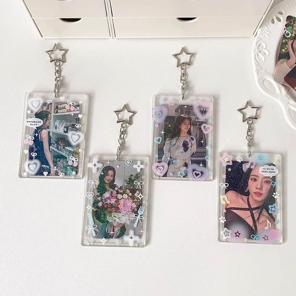 Acrylic 3 inch Photocard Holder Glitter with Pendant Keychian Photo Frame Keychain Bus Card Credit ID Bank Card Holder
