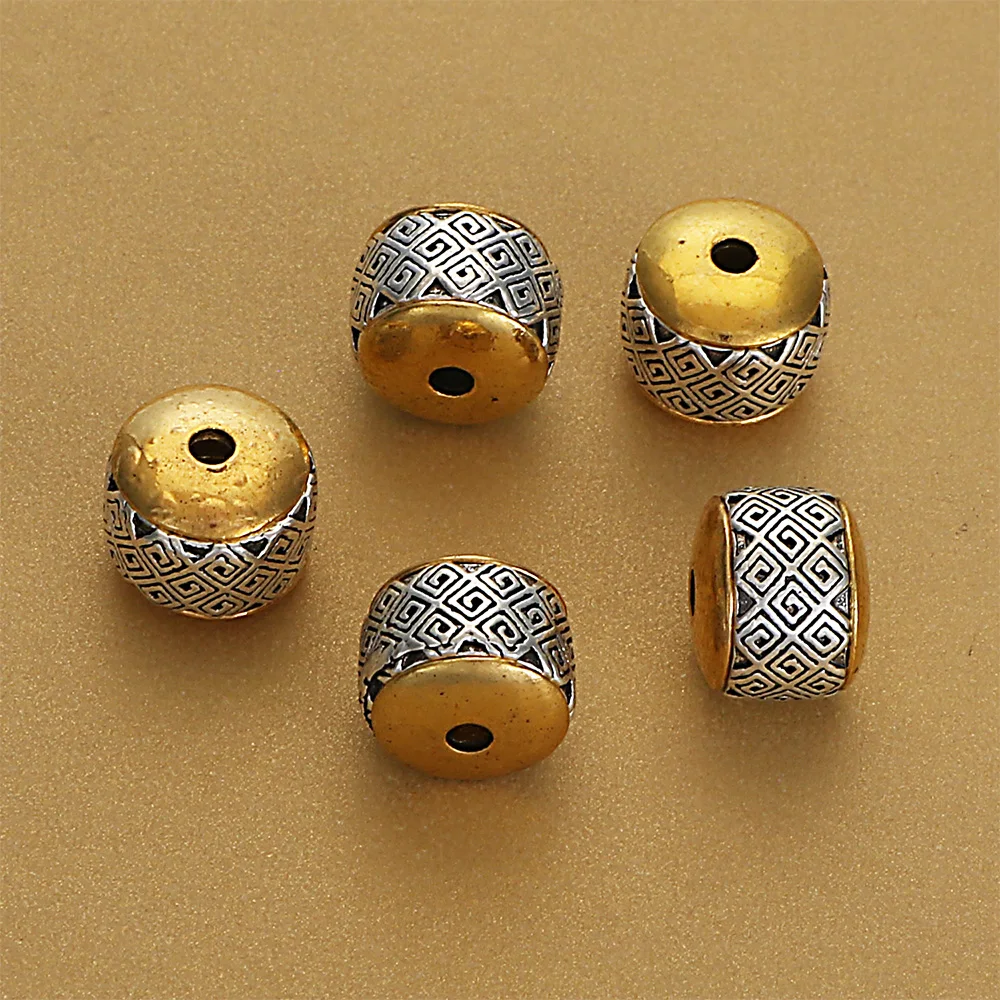 5Pcs 10x8MM Antique Golden Silver Plated Cast Metal Striped Abacus Spacers Beads With Grid Pattern For Diy Jewelry Making