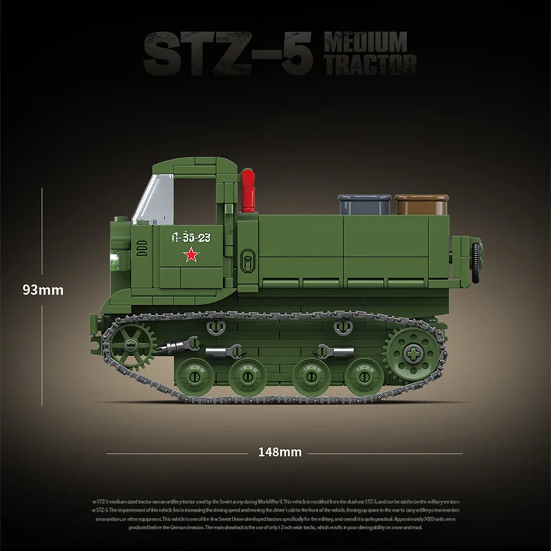100289   Tractor de artillería STZ5 del ejército soviético, juguete de construcción para niño, modelo ensamblado, pistola antiaérea, coche blindado de la Segunda Guerra Mundial
