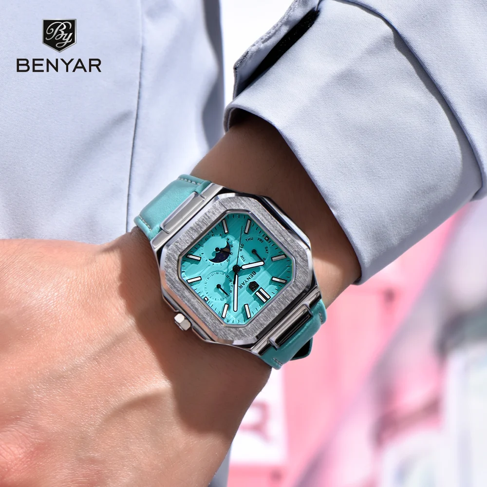 2025 New BENYAR V2 Square Men's Watch Luxury Brand Stainless Steel Business Quartz Watch MenMoonphase Night Light Watch