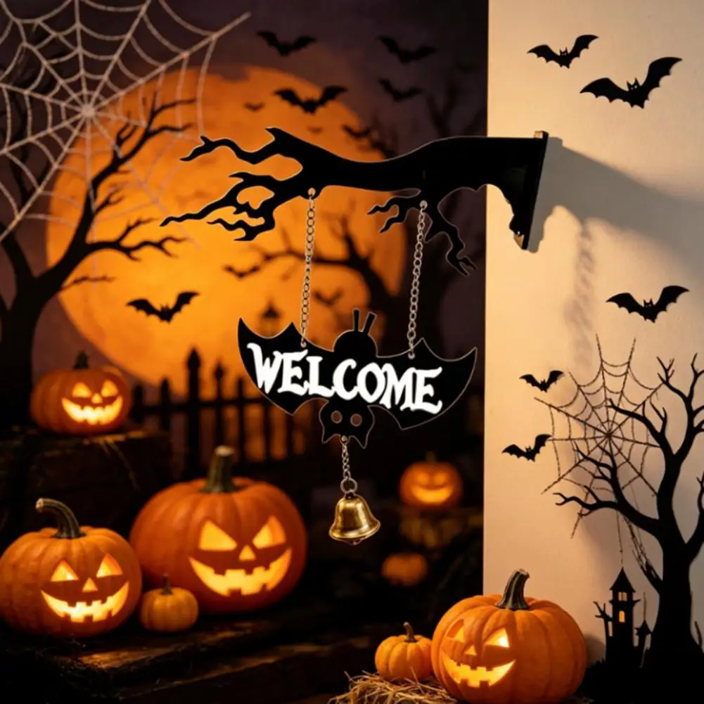 Easy Install Door Decor Halloween Ghost Swing Wind Chime with Vintage Bells Rustic Wooden Door Decoration Spooky Bat for Porch