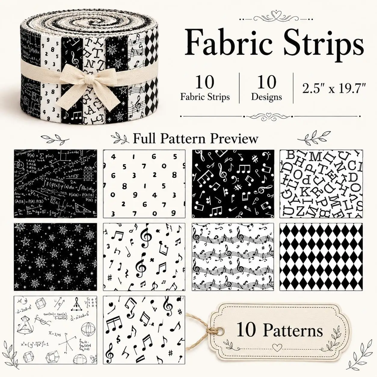 10pcs Black & White Jelly Roll Fabric Strips 2.5X19.7inch Pre-cut 100% Polyester for Patchwork Quilts, Table Runners, Placemats
