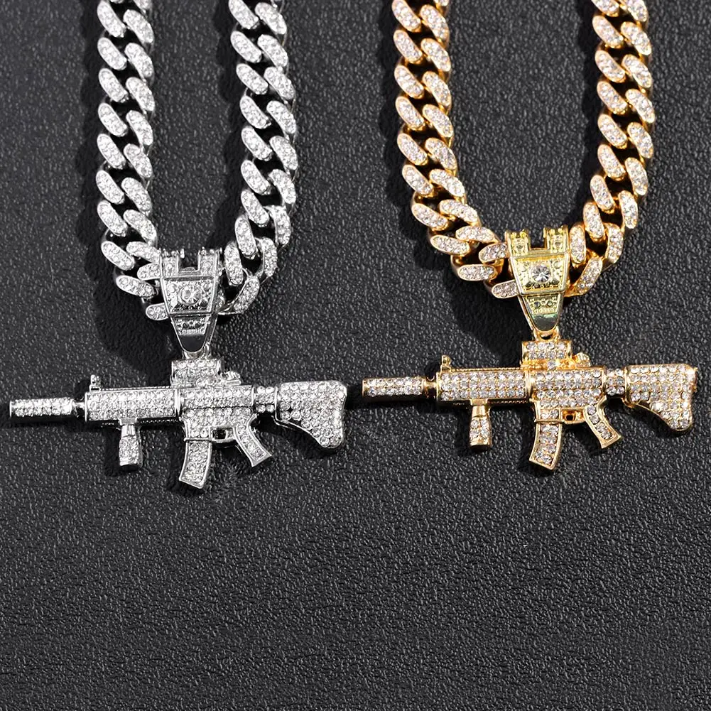 Hip Hop Iced Out Crystal AK47 Gun Pendant Cuban Necklace For Men Women Luxury CZ Tennis Chain Necklace Punk Rock Jewelry Gift view 4