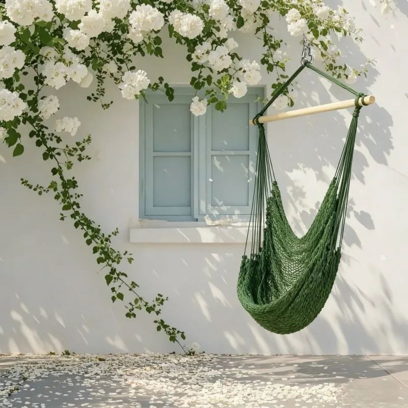 Nylon Net Hammock Chair With Wooden Spreader Bar Mesh Hanging Seat Indoor Outdoor Balcony Patio Yard Relax Swing Lounge