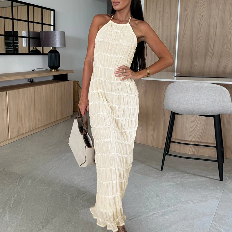 女性ハイウエスト背中の開いたビーチドレスセクシーなサスペンダーノースリーブロングスリングドレスファッションソリッドカラーフリルスリムパーティードレス