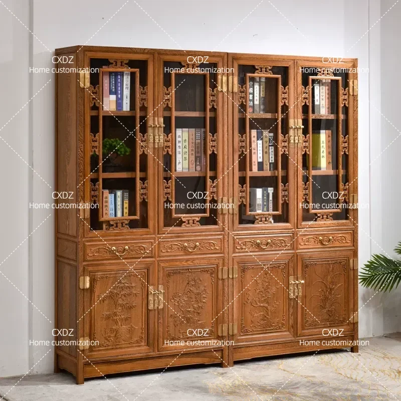 Chinese Solid Wood Bookcase with Glass Doors Classical Style Display Cabinet Storage Shelf for Home Office Living Room