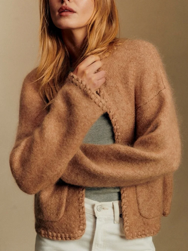 

Women Solid Lace Knit Cardigan Casual Crew Neck Chic Full Sleeve Loose Pocket Sweater Lady Autumn High Street Daily Cardigans