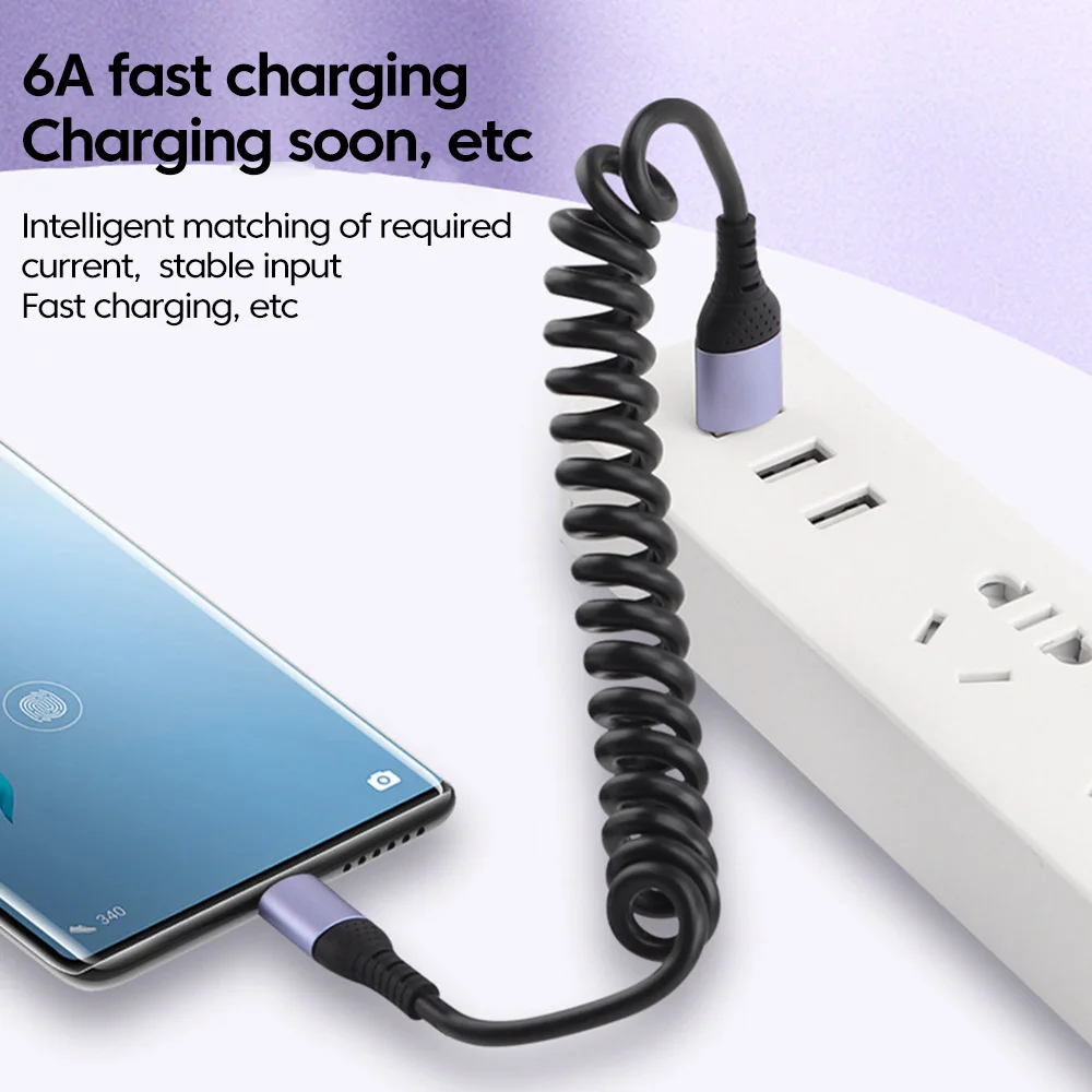 25cm Cable USB A/C to Type C Fast Charging Car Spring Extension Data Line For iPhone 15 16 Pro Max Xiaomi Huawei Oneplus Phone