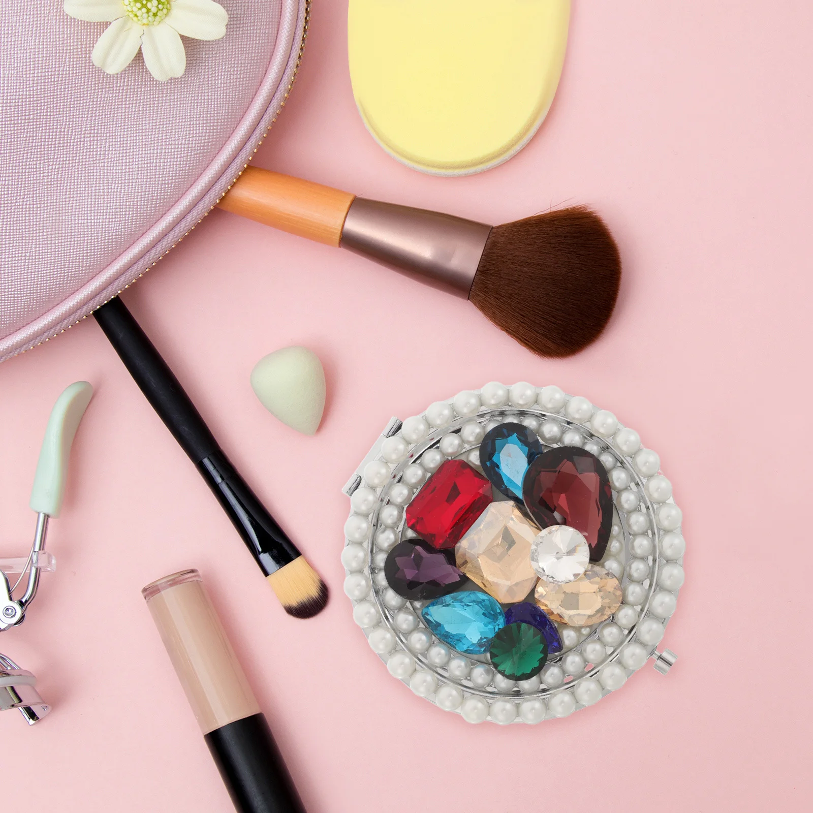 

Compact Mirror Portable Round Metal Makeup Mirror with Magnification Dual Sided Rhinestone Design for Travel Purse Handbag