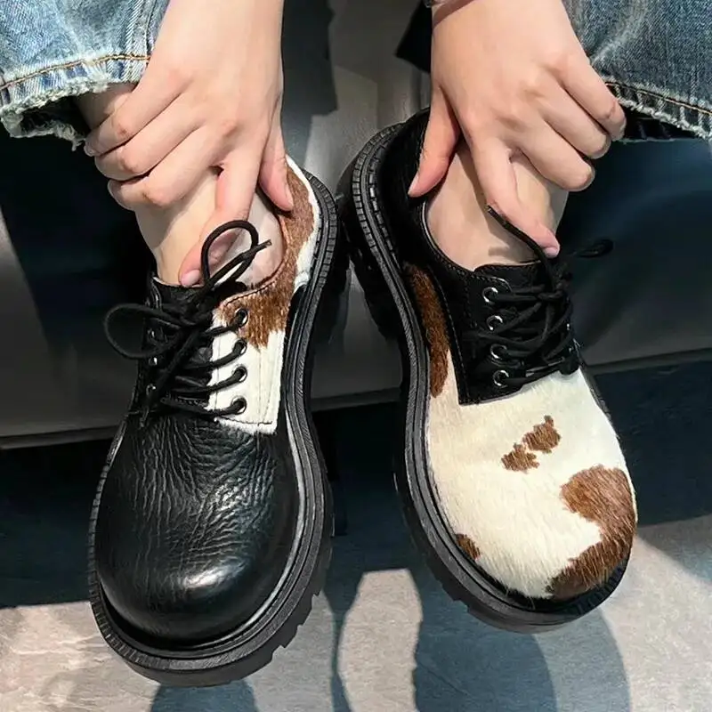

Unisex Men women Black Thick Soled Derby Shoes Leather Big Toe Fashion High-Grade High Street Shoes Couple Style Casual Shoes