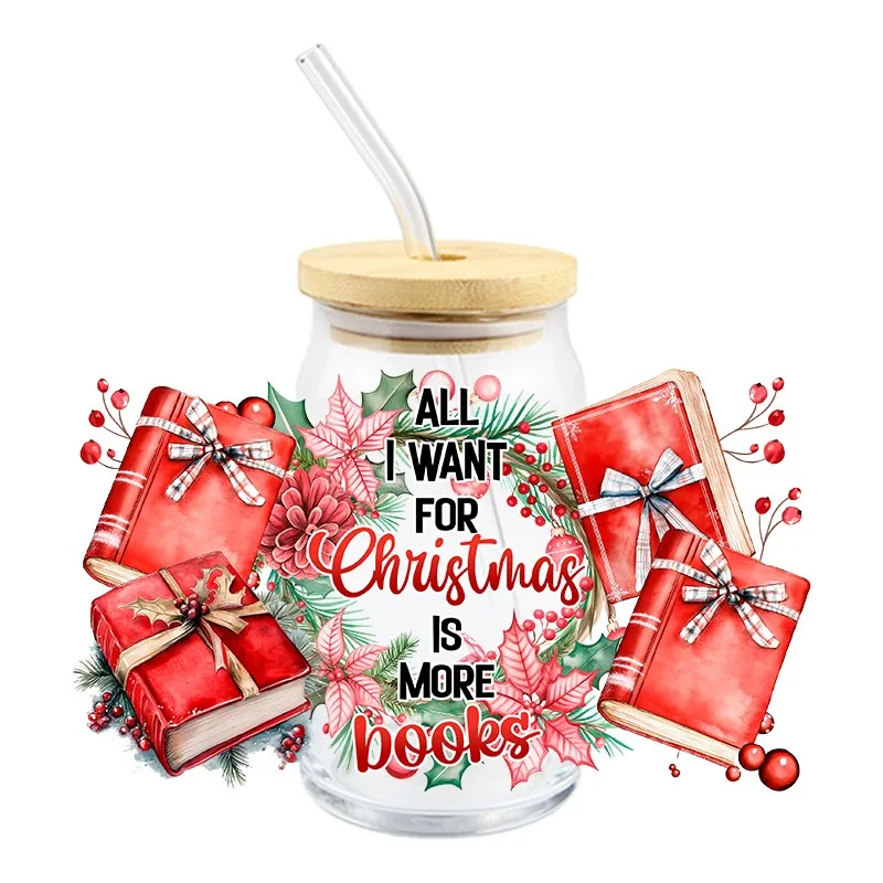 DIY Merry Christmas Design UV DTF Wraps Cup 16oz Libbbey Glass Nug Cup Tree Bows Cartoon Funny Patter 3D Transfer Sticker Decals