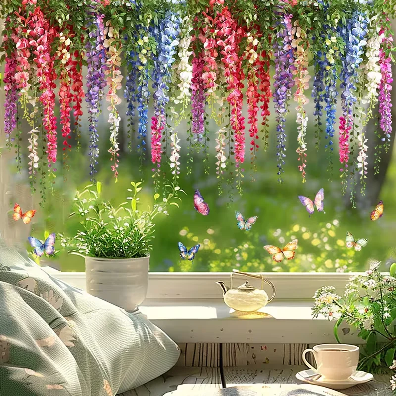 1PC Colorful Wisteria Hanging Flower Arrangement Butterfly, Non Adhesive Electrostatic Stickers Suitable for Home Decoration