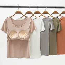 Summer Modal Bra padded Tshirt short sleeves Solid color Bra Cups Push up T-Shirts Base Tee Tops all match