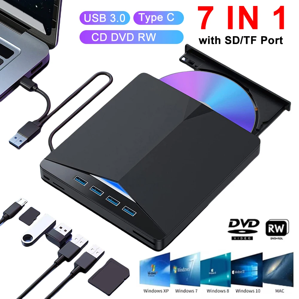 

2in1 USB 3.0 Type C External Optical Drives DVD RW CD Writer Reader CD Player For PC Laptop Desktop Portable DVD Burner Recorder