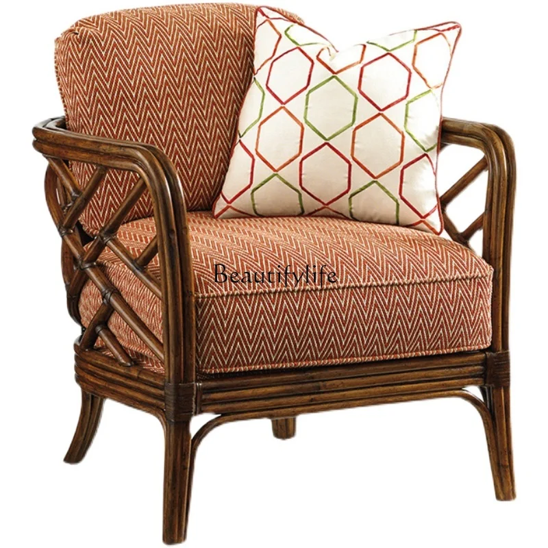 

American Pastoral Country Distressed Single-Seat Sofa Chair Fabric Rattan Casual Home Balcony Chair